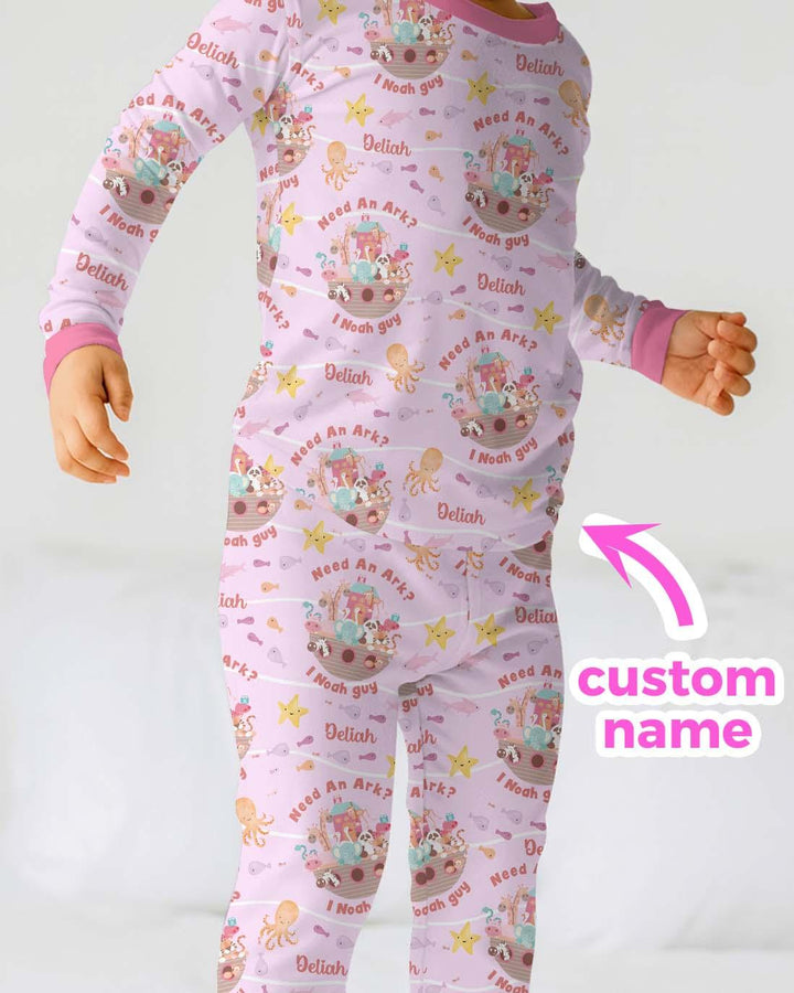 Noah’s Ark Custom Name Girl Two Piece Long Sleeve Pajama Set , Noah’s Ark Custom Name Girl Two Piece Long Sleeve Pajama Set - 12-18M
