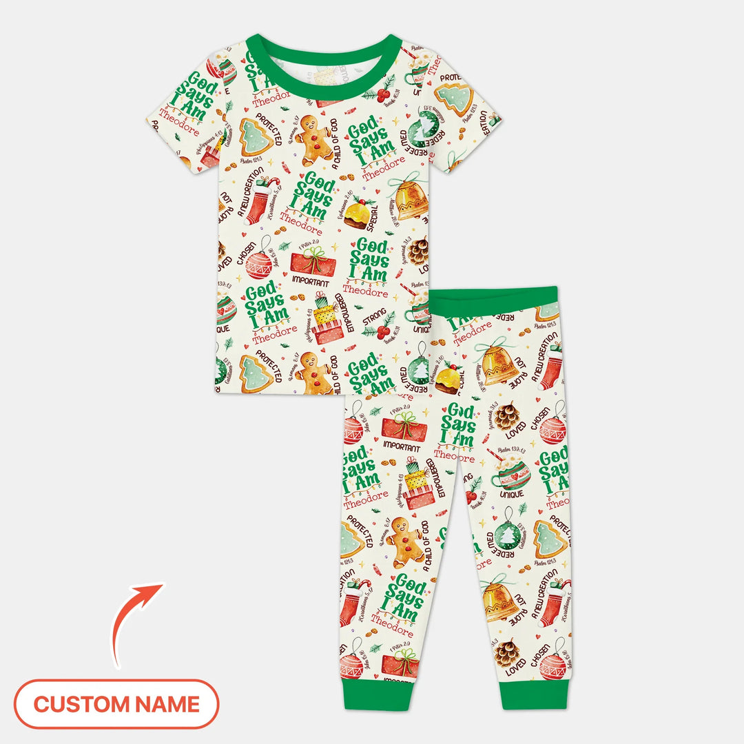 God Says I Am Custom Name Joyful Christmas Two Piece Short Sleeve Pajama Set , God Says I Am Custom Name Joyful Christmas Two Piece Short Sleeve Pajama Set - 12-18M