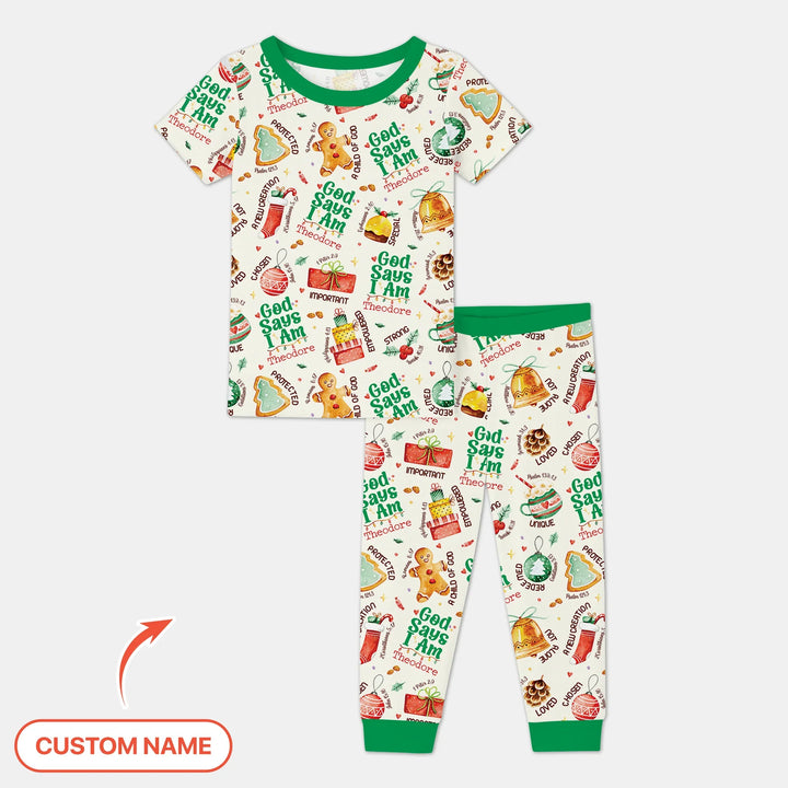 God Says I Am Custom Name Joyful Christmas Two Piece Short Sleeve Pajama Set , God Says I Am Custom Name Joyful Christmas Two Piece Short Sleeve Pajama Set - 12-18M