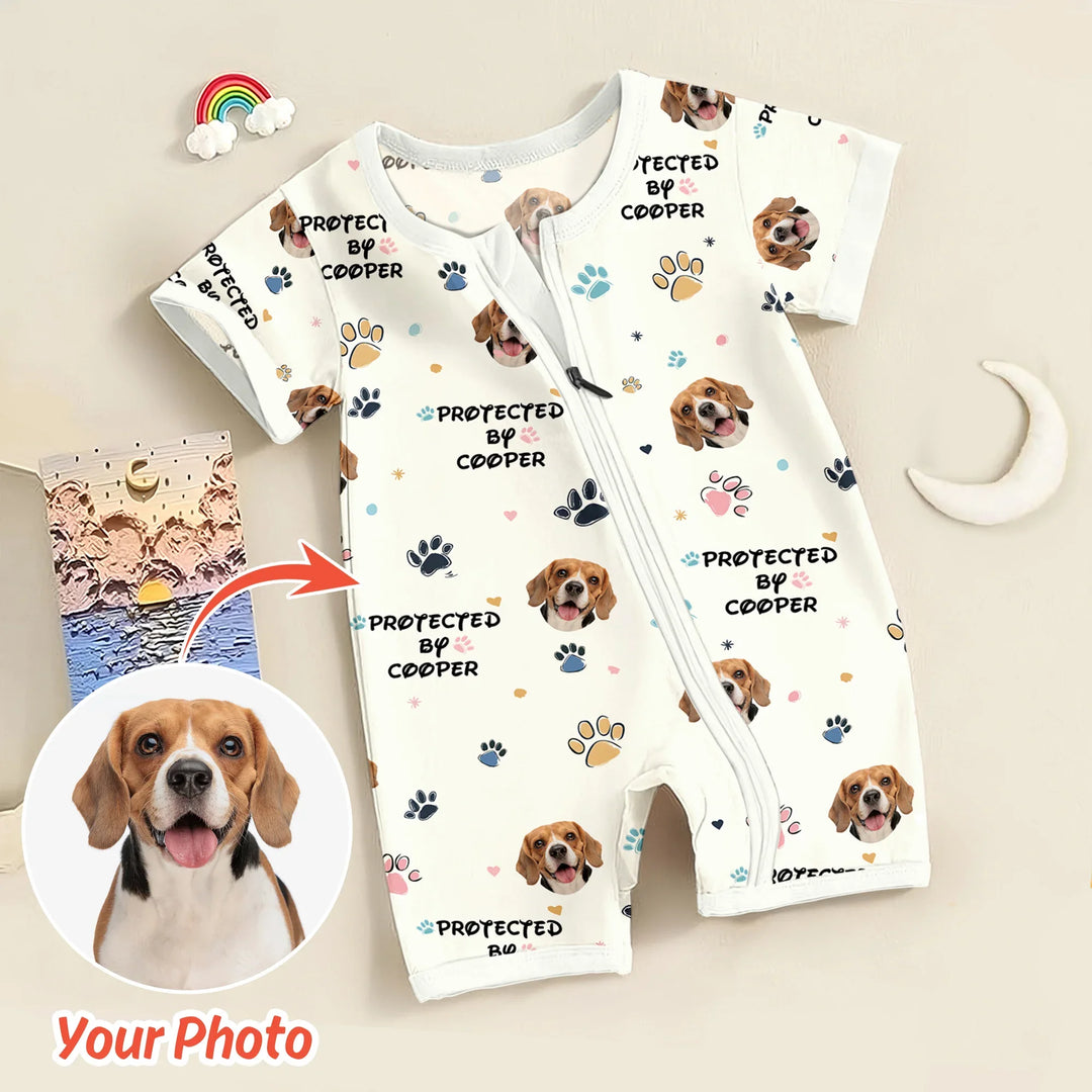 Custom Dog Photo Pattern "Protected By" Shorty Zippered Romper , Custom Dog Photo Pattern "Protected By" Shorty Zippered Romper - 0-3M