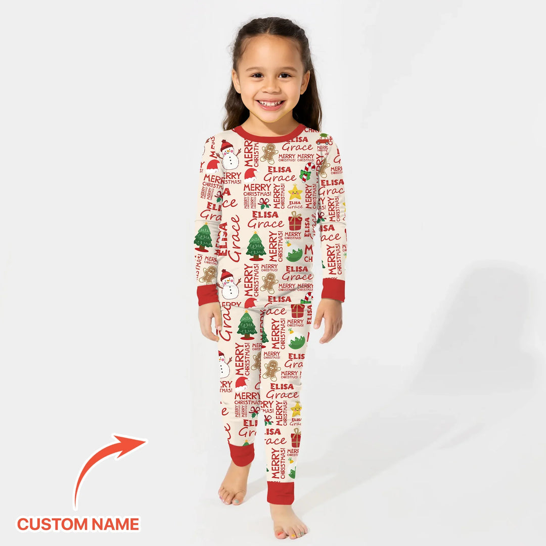 Custom Name Merry Christmas Two Piece Long Sleeve Pajama Set , Custom Name Merry Christmas Two Piece Long Sleeve Pajama Set - 12-18M