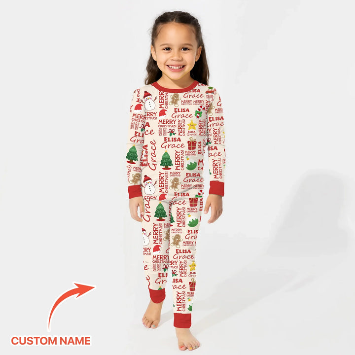 Custom Name Merry Christmas Two Piece Long Sleeve Pajama Set , Custom Name Merry Christmas Two Piece Long Sleeve Pajama Set - 12-18M
