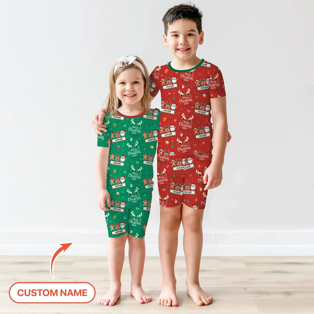 Custom Name "Merry Christmas My Deer" For Boy - Two Piece Short Sleeve Shorts Pajama Set , Custom Name "Merry Christmas My Deer" For Boy - Two Piece Short Sleeve Shorts Pajama Set - 12-18M
