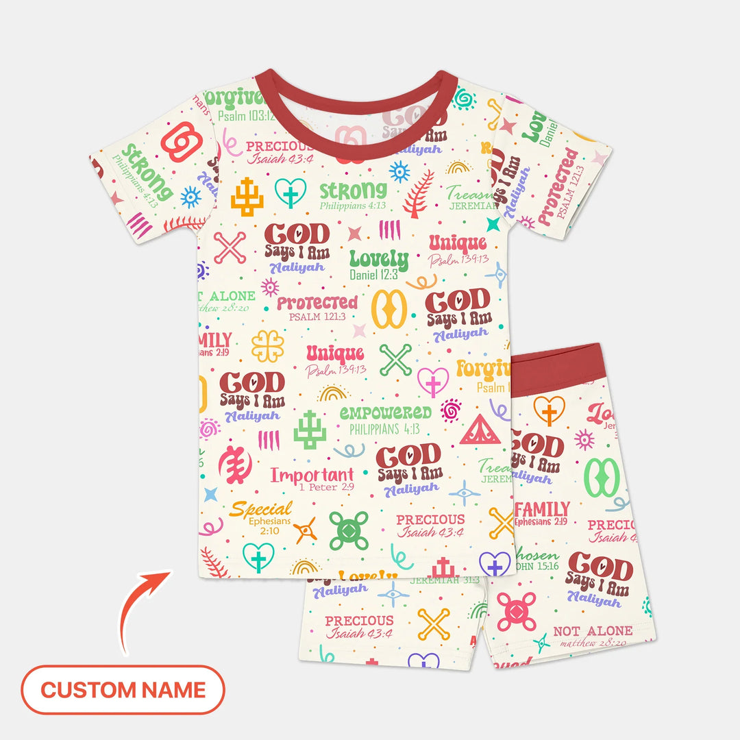 Personalized God Says I Am Custom Name Two Piece Short Sleeve Shorts Pajama Set , Personalized God Says I Am Custom Name Two Piece Short Sleeve Shorts Pajama Set - 12-18M