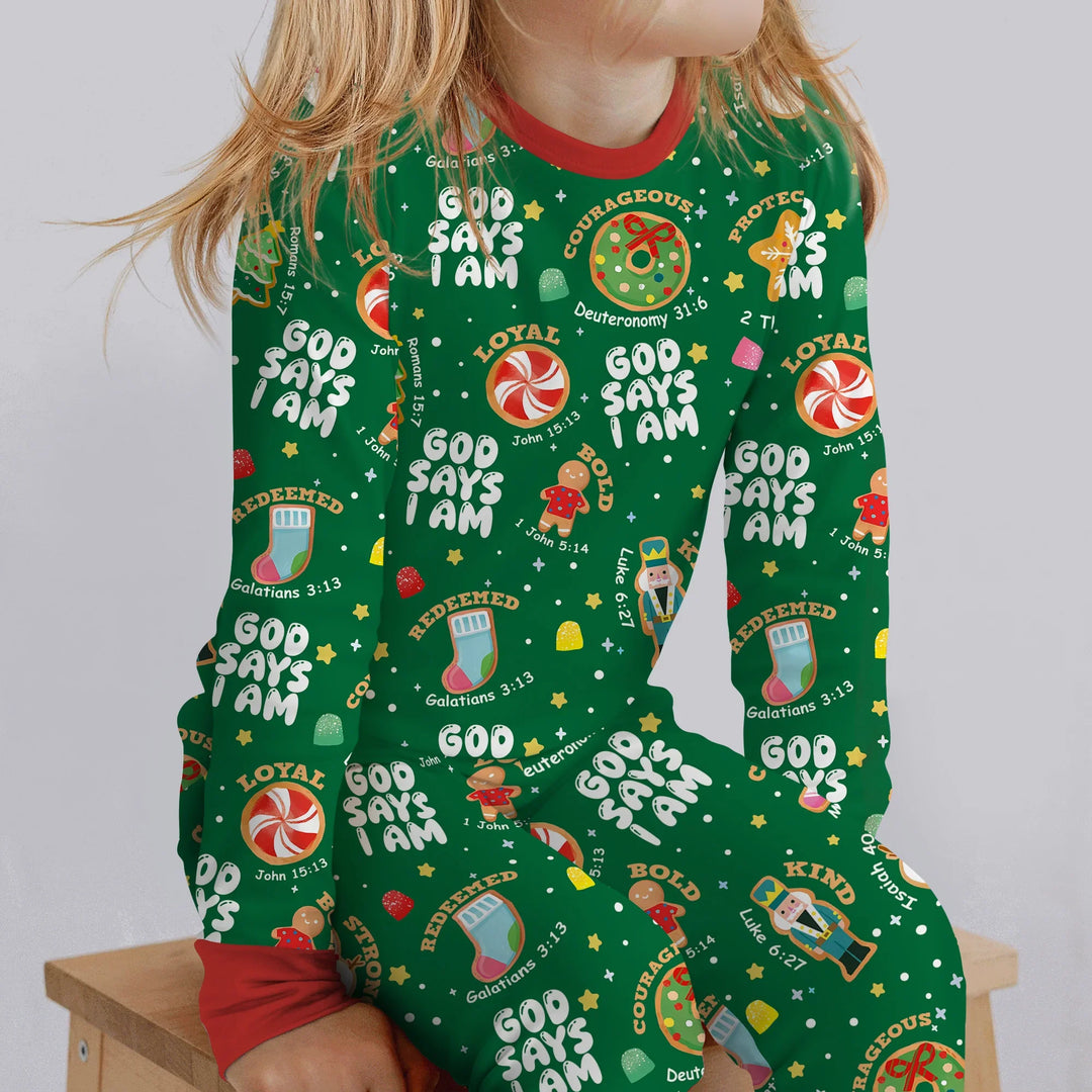 Merry Christmas God Says I Am Two Piece Long Sleeve Pajama Set , Merry Christmas God Says I Am Two Piece Long Sleeve Pajama Set - 12-18M / Green
