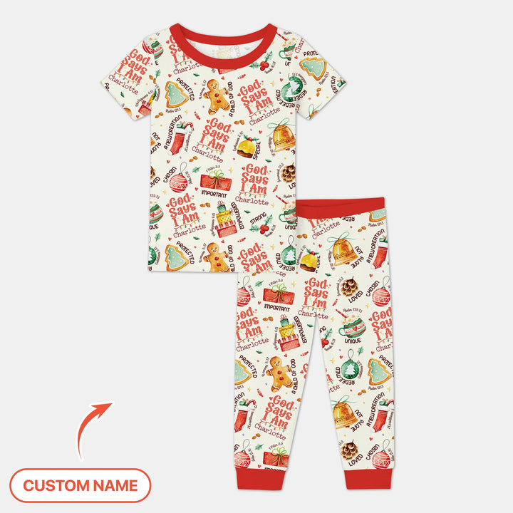 God Says I Am Custom Name Joyful Christmas Two Piece Short Sleeve Pajama Set , God Says I Am Custom Name Joyful Christmas Two Piece Short Sleeve Pajama Set - 12-18M