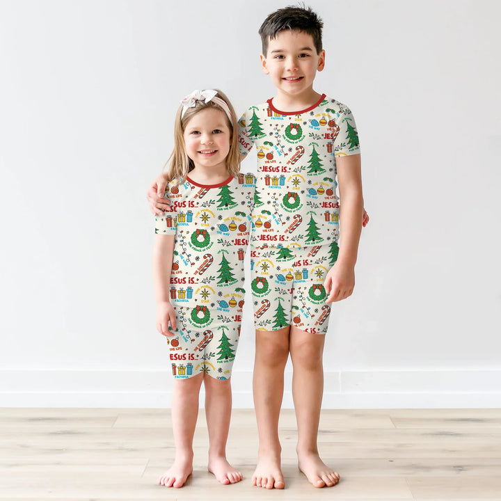 Jesus Is The Reason For The Season Two Piece Short Sleeve Shorts Pajama Set , Jesus Is The Reason For The Season Two Piece Short Sleeve Shorts Pajama Set - 12-18M