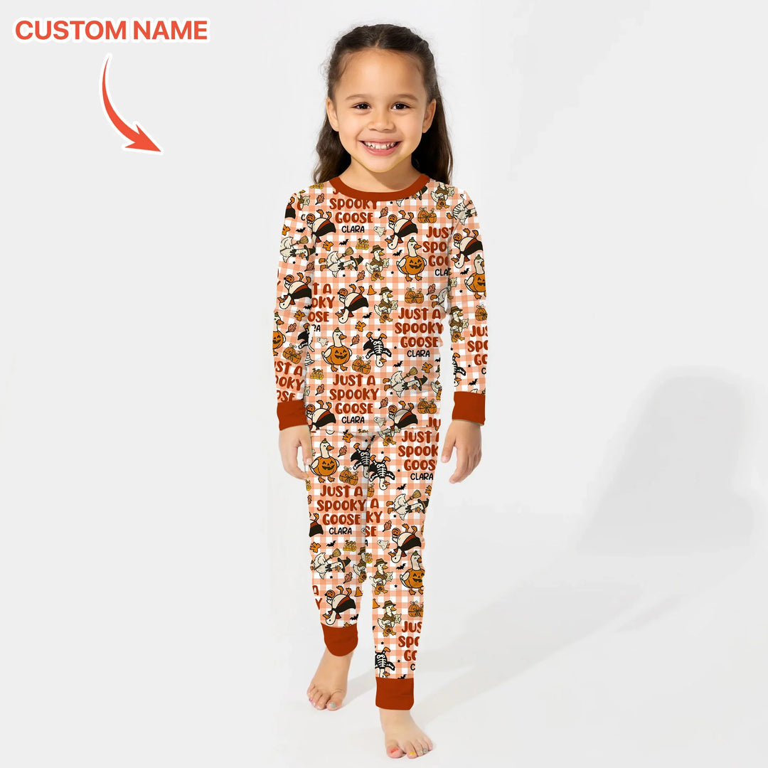 Just A Spooky Goose Custom Name Girl Version Long Sleeve Pajama Set , Just A Spooky Goose Custom Name Girl Version Long Sleeve Pajama Set - 12-18M