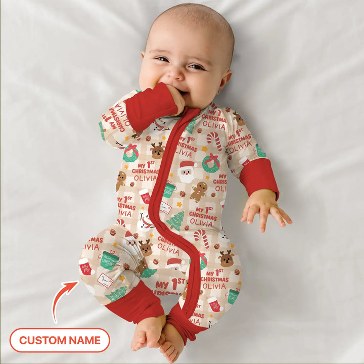Custom Name My First Christmas Mocha Gingham Convertible Zippy , Custom Name My First Christmas Mocha Gingham Convertible Zippy - 0-3M