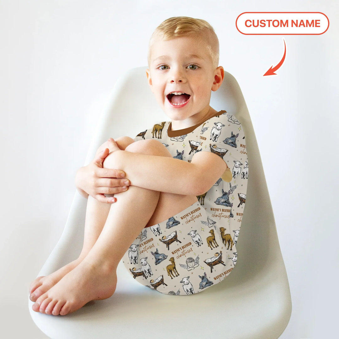 Custom Name Baby Blessed Christmas Two Piece Short Sleeve Shorts Pajama Set , Custom Name Baby Blessed Christmas Two Piece Short Sleeve Shorts Pajama Set - 12-18M