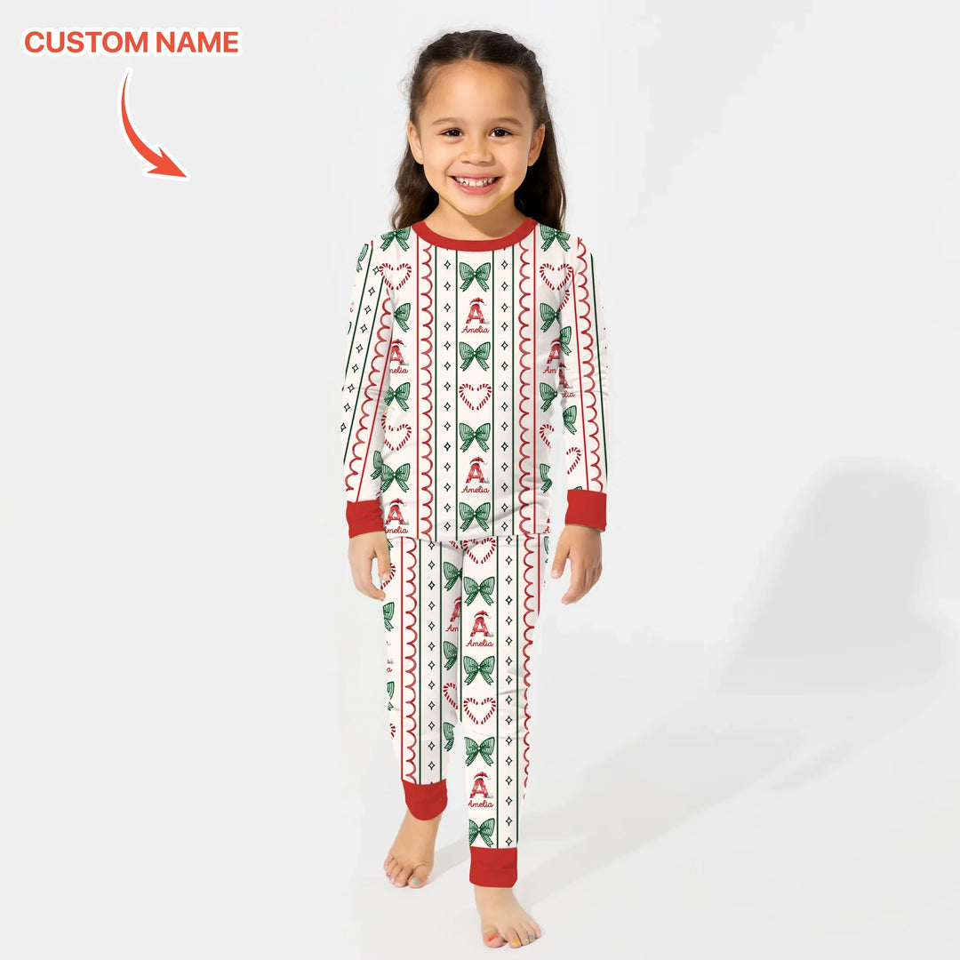 Custom Name Christmas Stripes Two Piece Long Sleeve Pajama Set , Custom Name Christmas Stripes Two Piece Long Sleeve Pajama Set - 12-18M