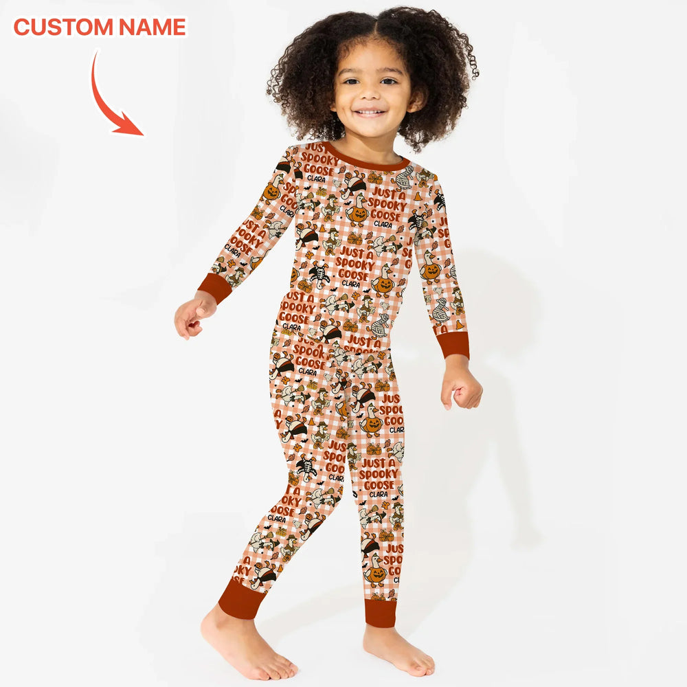 Just A Spooky Goose Custom Name Girl Version Long Sleeve Pajama Set , Just A Spooky Goose Custom Name Girl Version Long Sleeve Pajama Set - 12-18M