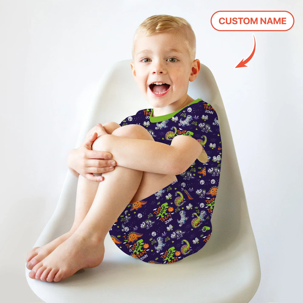 Trick Rawr Treat Custom Name Two Piece Short Sleeve Shorts Pajama Set , Trick Rawr Treat Custom Name Two Piece Short Sleeve Shorts Pajama Set - 12-18M