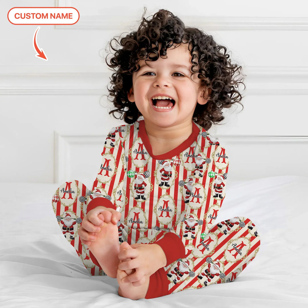 Custom Name Santa Stripes Two Piece Long Sleeve Pajama Set