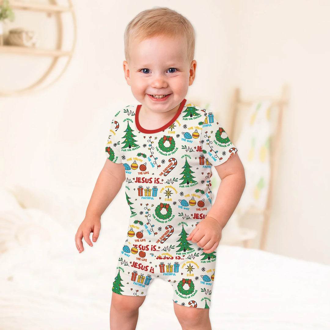 Jesus Is The Reason For The Season Two Piece Short Sleeve Shorts Pajama Set , Jesus Is The Reason For The Season Two Piece Short Sleeve Shorts Pajama Set - 12-18M