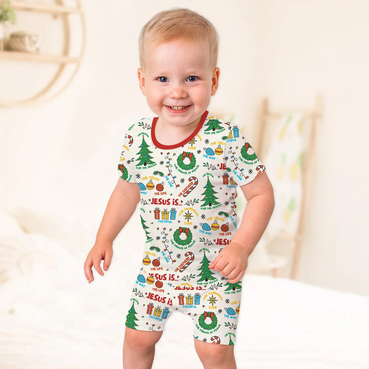 Jesus Is The Reason For The Season Two Piece Short Sleeve Shorts Pajama Set , Jesus Is The Reason For The Season Two Piece Short Sleeve Shorts Pajama Set - 12-18M
