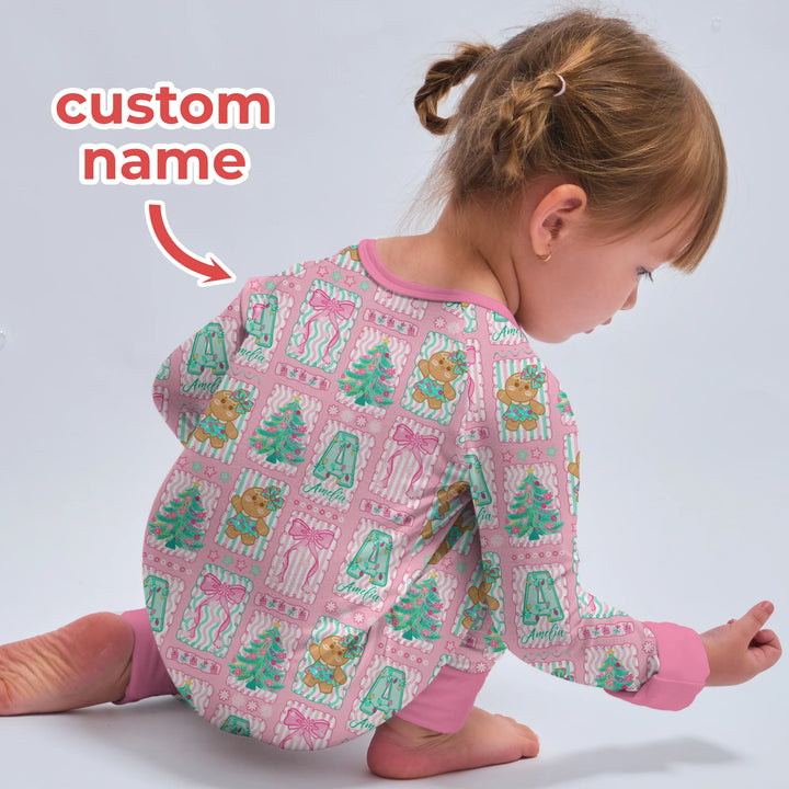 Custom Name "Merry Pink Christmas" Two Piece Long Sleeve Pajama Set , Custom Name "Merry Pink Christmas" Two Piece Long Sleeve Pajama Set - 12-18M