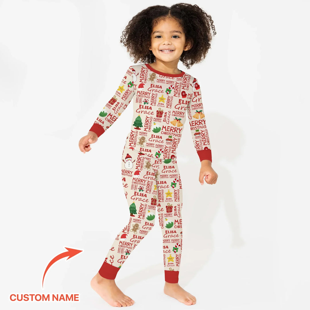 Custom Name Merry Christmas Two Piece Long Sleeve Pajama Set , Custom Name Merry Christmas Two Piece Long Sleeve Pajama Set - 12-18M