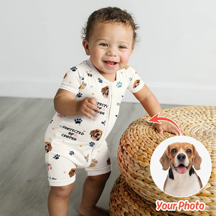 Custom Dog Photo Pattern "Protected By" Shorty Zippered Romper , Custom Dog Photo Pattern "Protected By" Shorty Zippered Romper - 0-3M