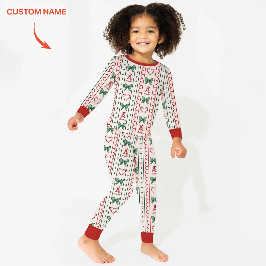Custom Name Christmas Stripes Two Piece Long Sleeve Pajama Set , Custom Name Christmas Stripes Two Piece Long Sleeve Pajama Set - 12-18M