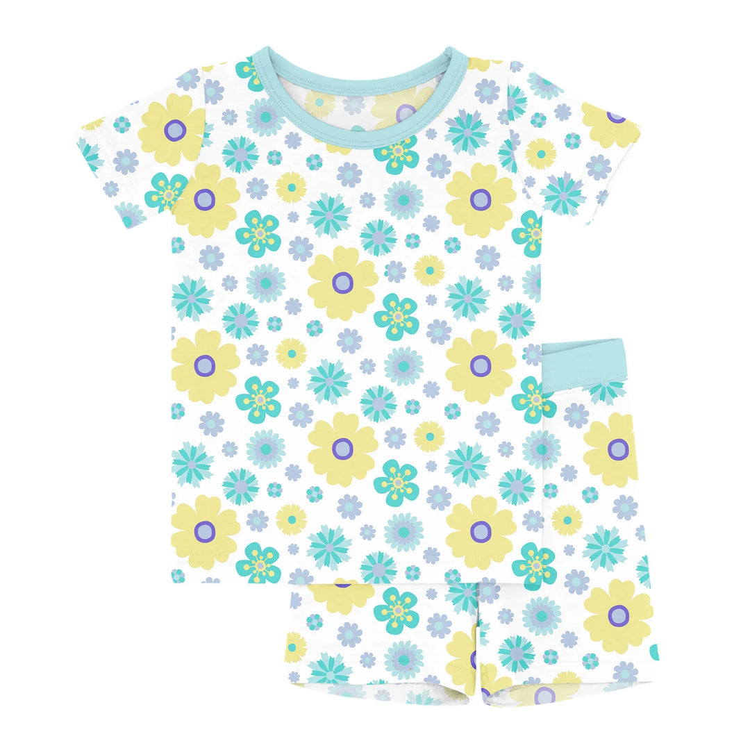 Zweiteiliges Pyjama-Set mit Kurzarm-Shorts und Blumenmuster in Aquamarin