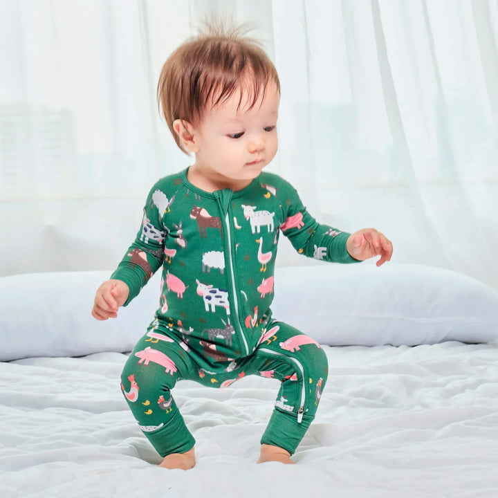 Bamboo Convertible Zippered Romper , Bamboo Convertible Zippered Romper - Green Farm Animals / 0-3M