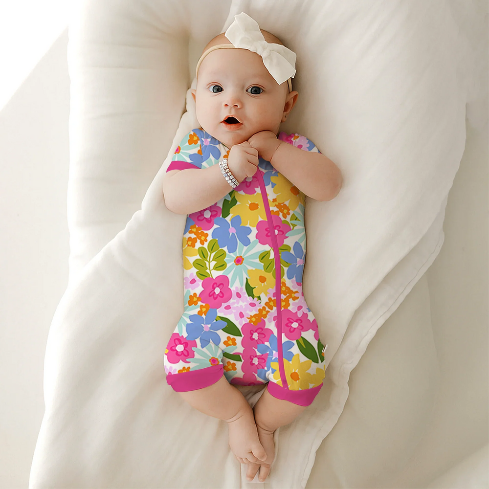 Summer Flowers Shorty Zippered Romper , Summer Flowers Shorty Zippered Romper - Newborn