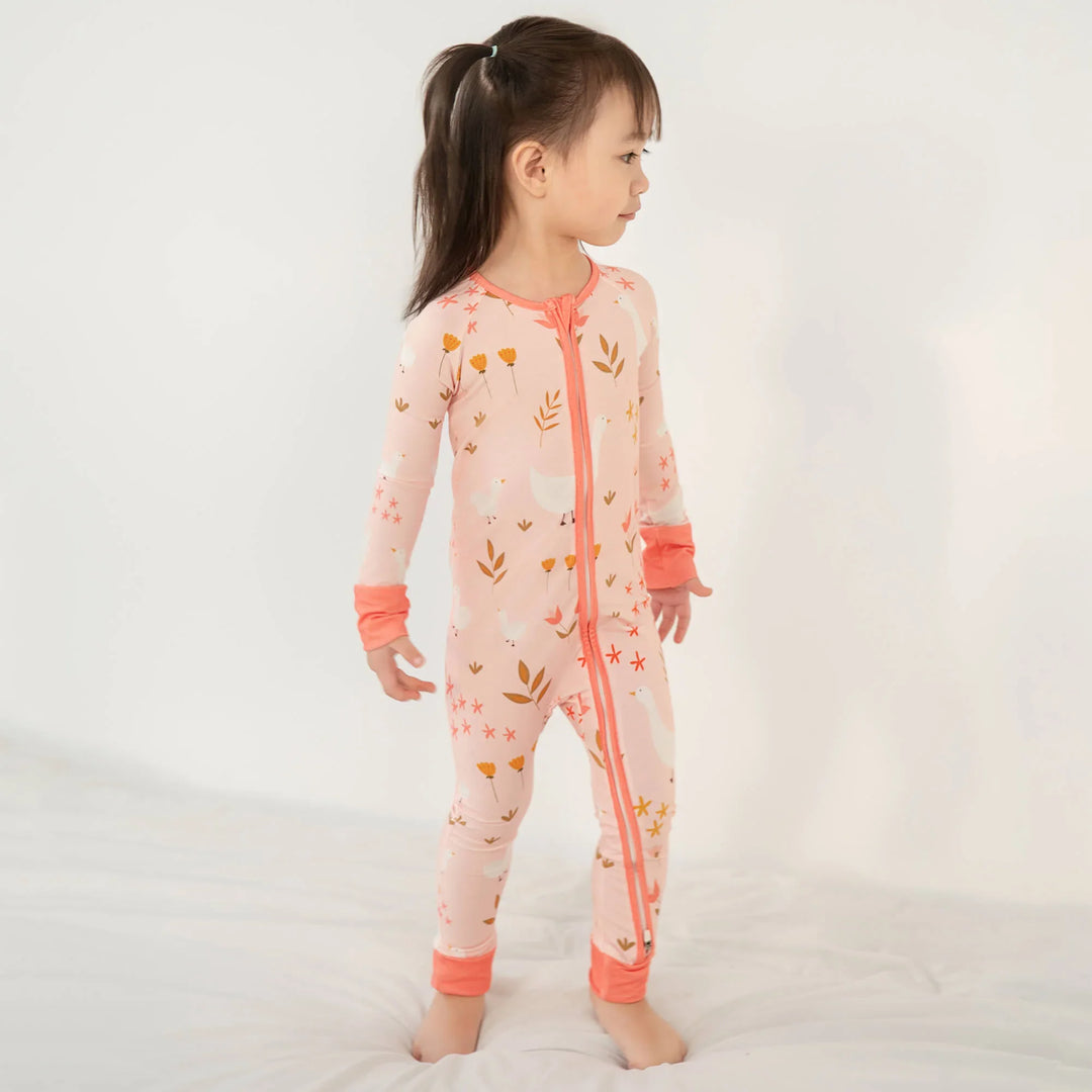 Geese and Flowers Convertible Zippered Romper , Geese and Flowers Convertible Zippered Romper - Newborn