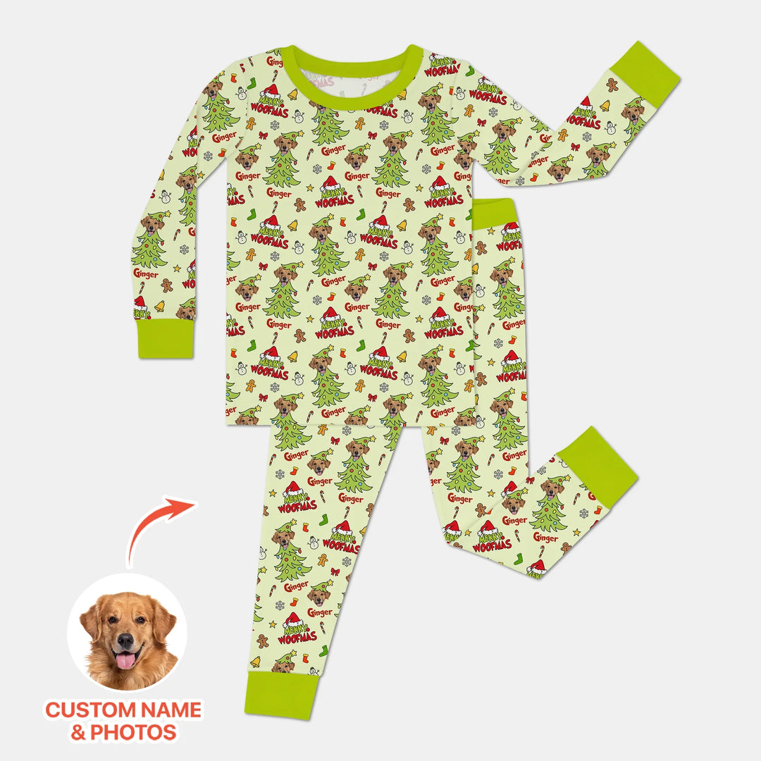 Custom Dog Photo Merry Woofmas Two Piece Long Sleeve Pajama Set