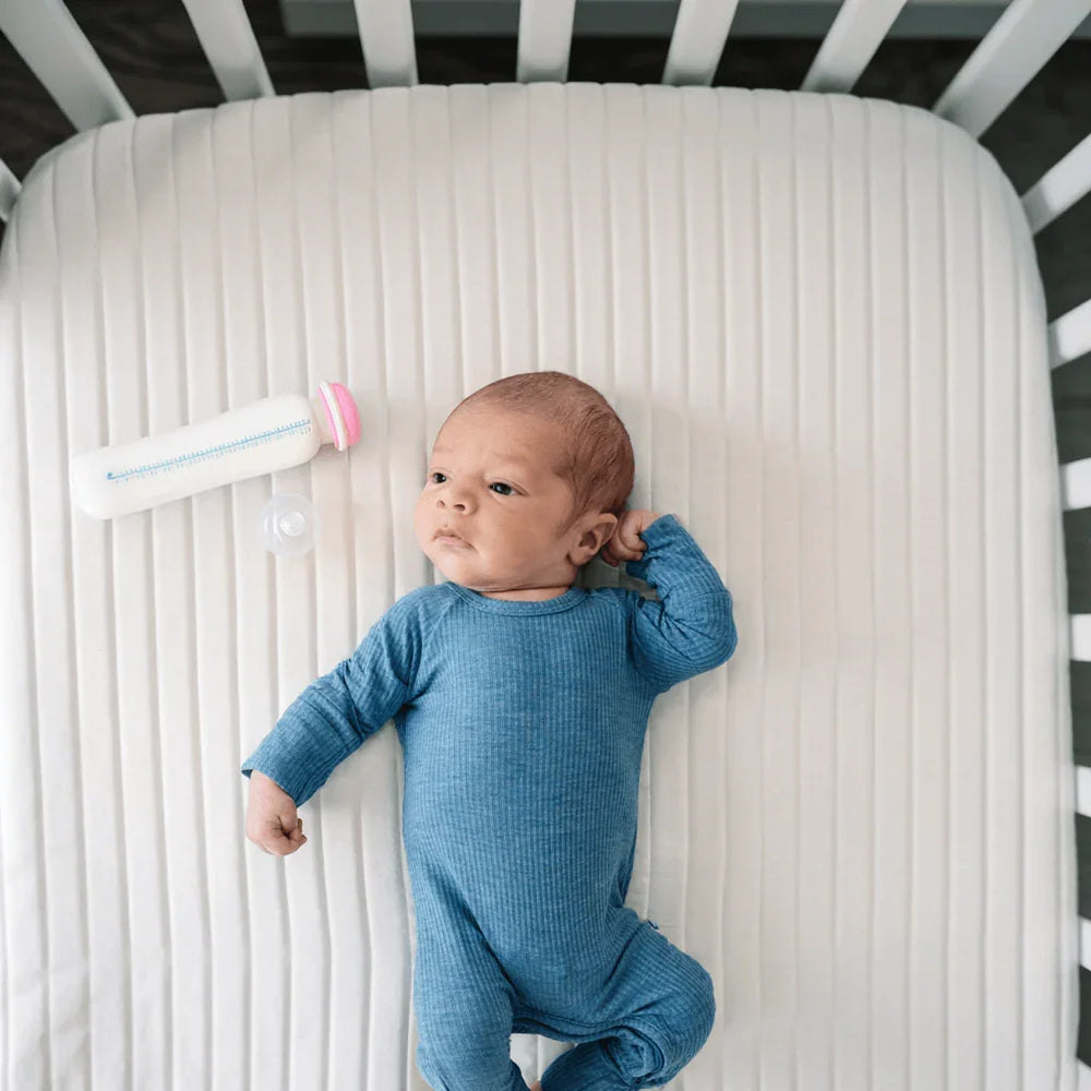 Ribbed Crescent Zippered Romper , Ribbed Crescent Zippered Romper - Heather Blue / Newborn