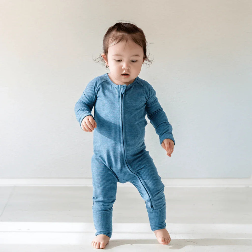 Ribbed Convertible Zippered Romper , Ribbed Convertible Zippered Romper - Heather Blue / Newborn