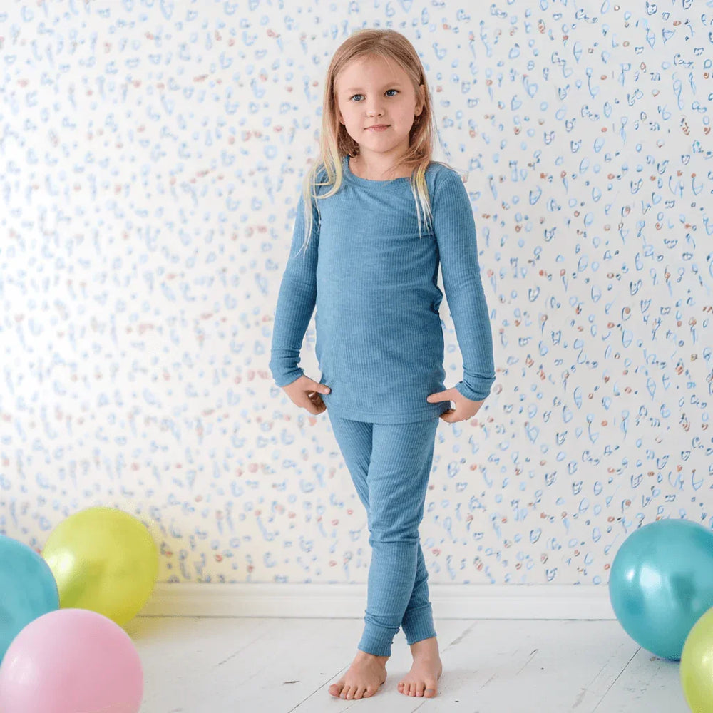 Ribbed Two Piece Pajama Set , Ribbed Two Piece Pajama Set - Heather Blue / 12-18M