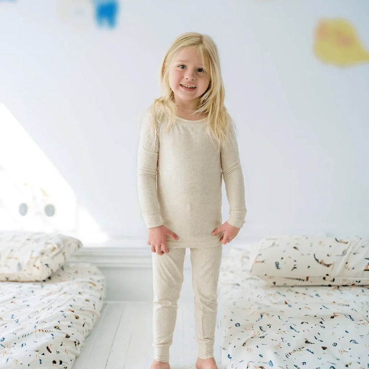 Ribbed Two Piece Pajama Set , Ribbed Two Piece Pajama Set - Heather Oatmeal / 12-18M