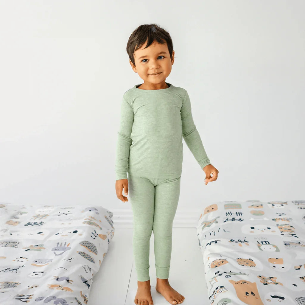 Ribbed Two Piece Pajama Set , Ribbed Two Piece Pajama Set - Heather Sage / 12-18M