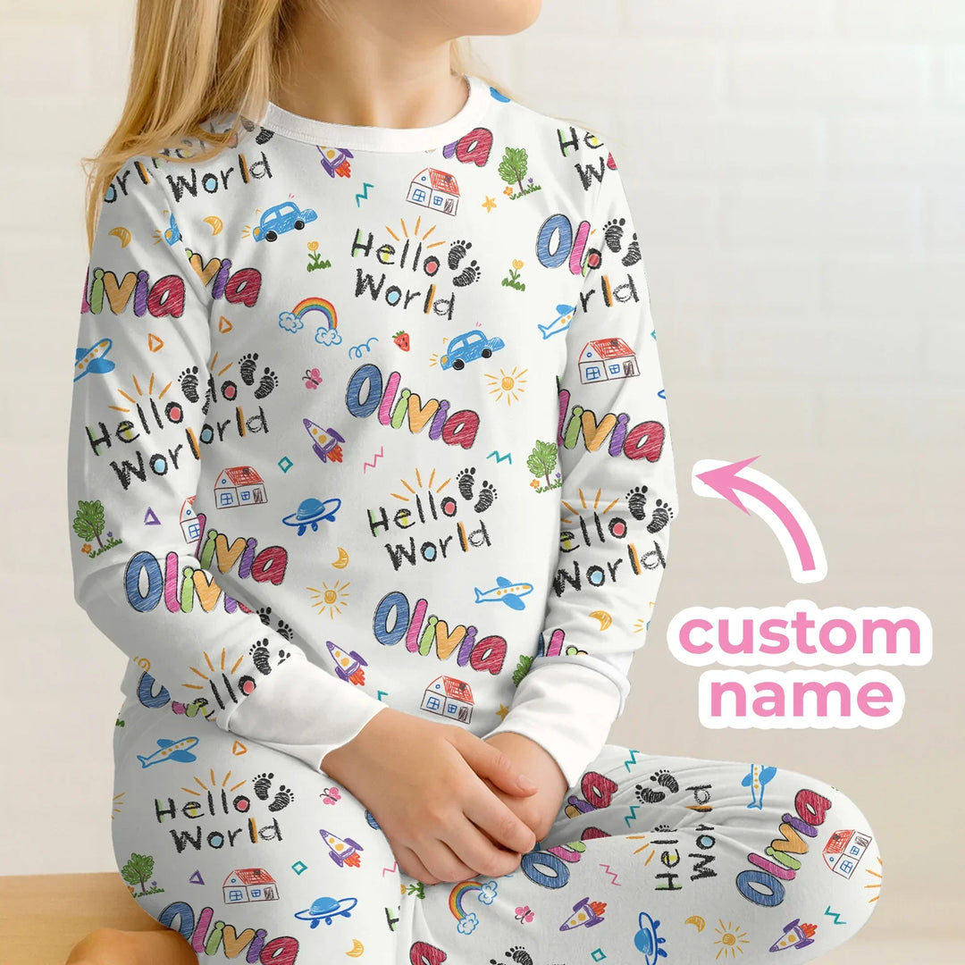 Custom name "Hello World" - Crayon Style Long Sleeve Pajama Set , Custom name "Hello World" - Crayon Style Long Sleeve Pajama Set - 12-18M