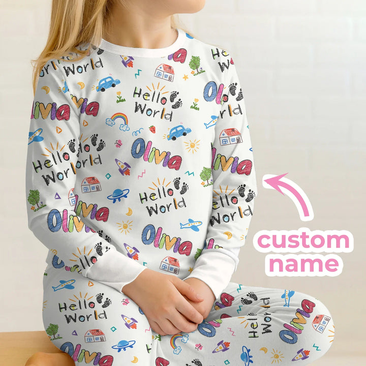 Custom name "Hello World" - Crayon Style Long Sleeve Pajama Set , Custom name "Hello World" - Crayon Style Long Sleeve Pajama Set - 12-18M