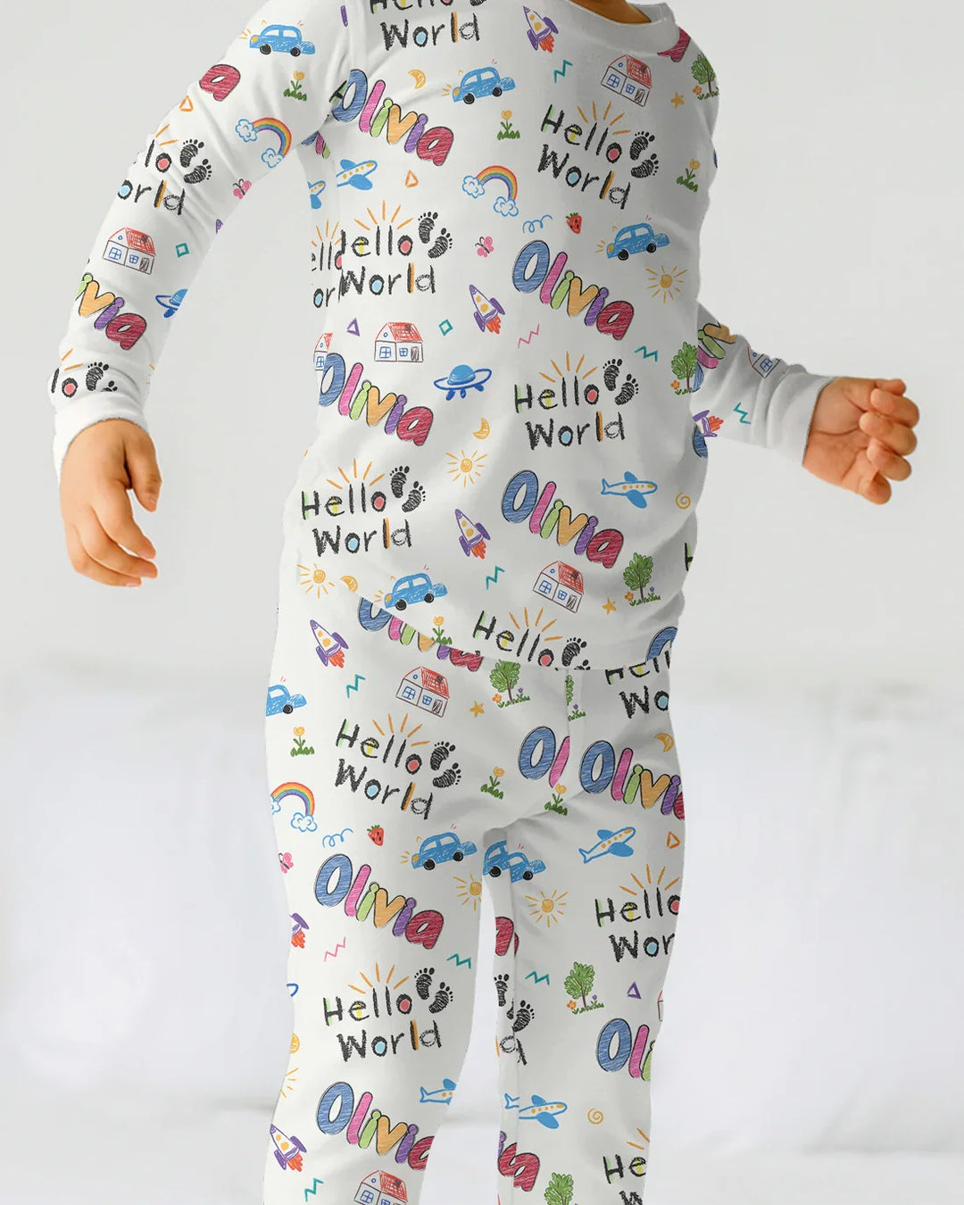 Custom name "Hello World" - Crayon Style Long Sleeve Pajama Set , Custom name "Hello World" - Crayon Style Long Sleeve Pajama Set - 12-18M