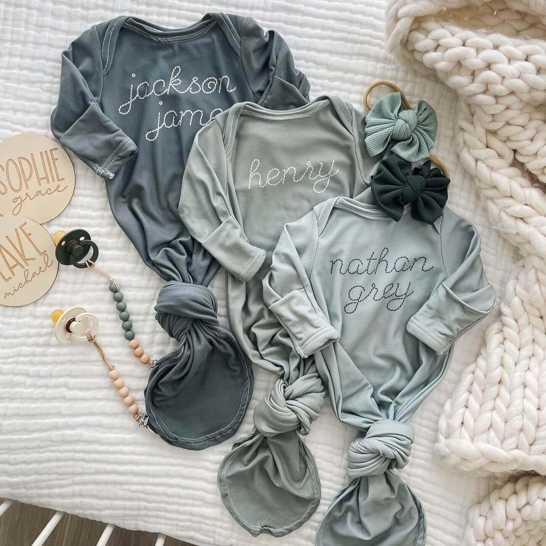 Personalized Stitched Baby Name Knot Gown , Personalized Stitched Baby Name Knot Gown - Pine