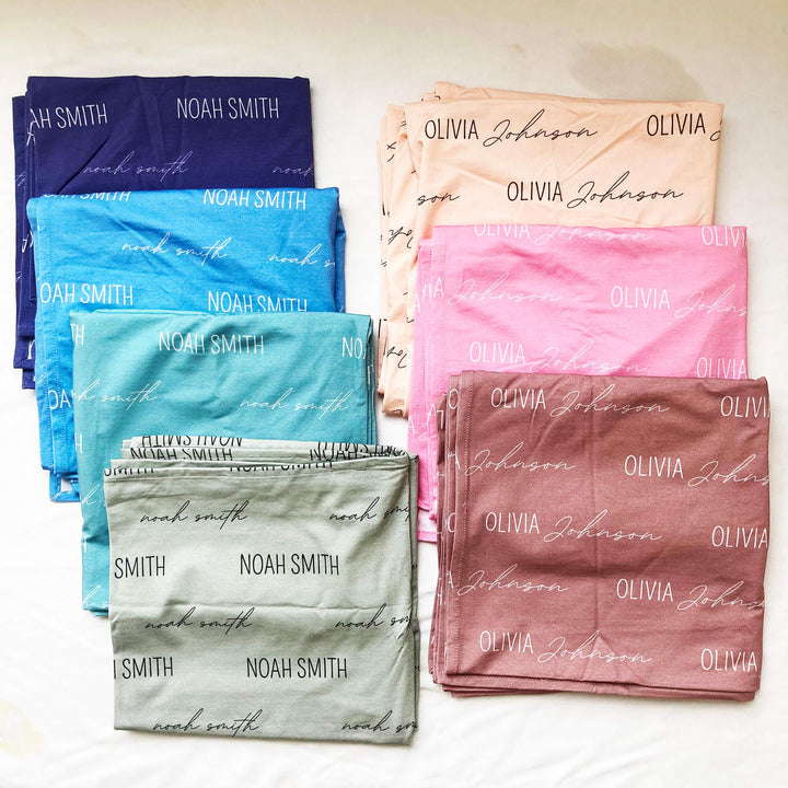 Personalized Baby Name Swaddle Blanket Block & Script , Personalized Baby Name Swaddle Blanket Block & Script - Script / American Blue