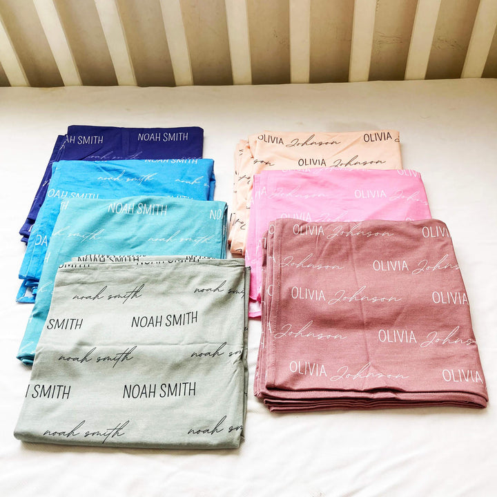 Personalized Baby Name Swaddle Blanket Block & Script , Personalized Baby Name Swaddle Blanket Block & Script - Script / American Blue