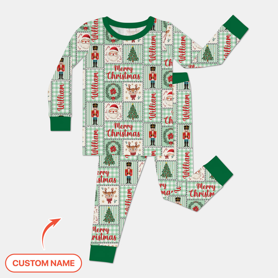 Merry Patchwork Christmas Custom Name Two Piece Long Sleeve Pajama Set