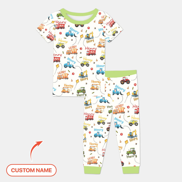 Construction Vehicles Custom Name Two Piece Short Sleeve Pajama Set , Construction Vehicles Custom Name Two Piece Short Sleeve Pajama Set - 12-18M
