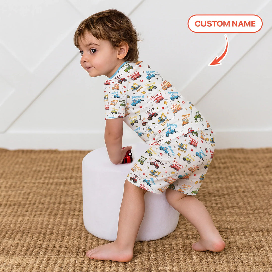 Construction Vehicles Custom Name Two Piece Short Sleeve Shorts Pajama Set , Construction Vehicles Custom Name Two Piece Short Sleeve Shorts Pajama Set - 12-18M