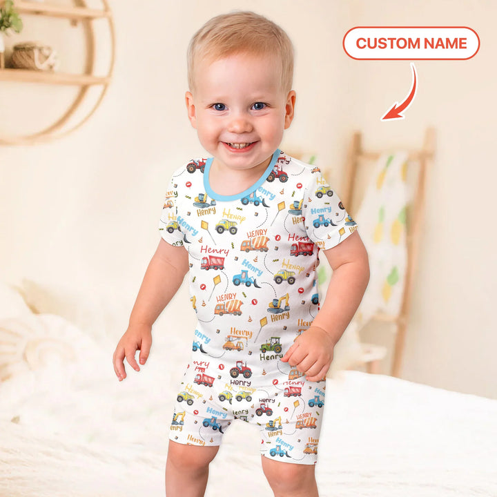 Construction Vehicles Custom Name Two Piece Short Sleeve Shorts Pajama Set , Construction Vehicles Custom Name Two Piece Short Sleeve Shorts Pajama Set - 12-18M