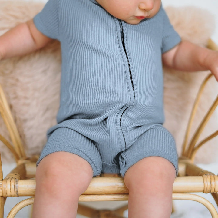Misty Blue Ribbed Shorty Zippy , Misty Blue Ribbed Shorty Zippy - 0-3M