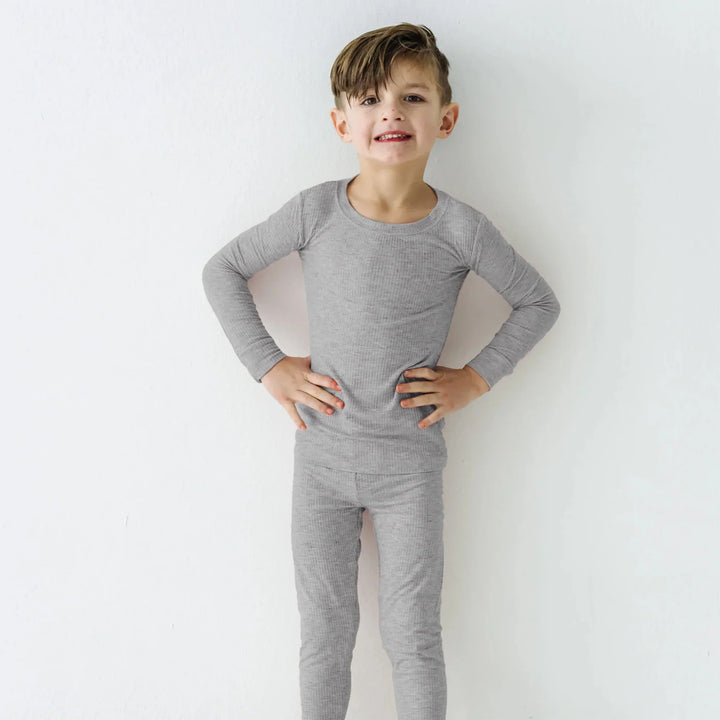 Moon Grey Ribbed Two Piece Long Sleeve Pajama Set , Moon Grey Ribbed Two Piece Long Sleeve Pajama Set - 12-18M