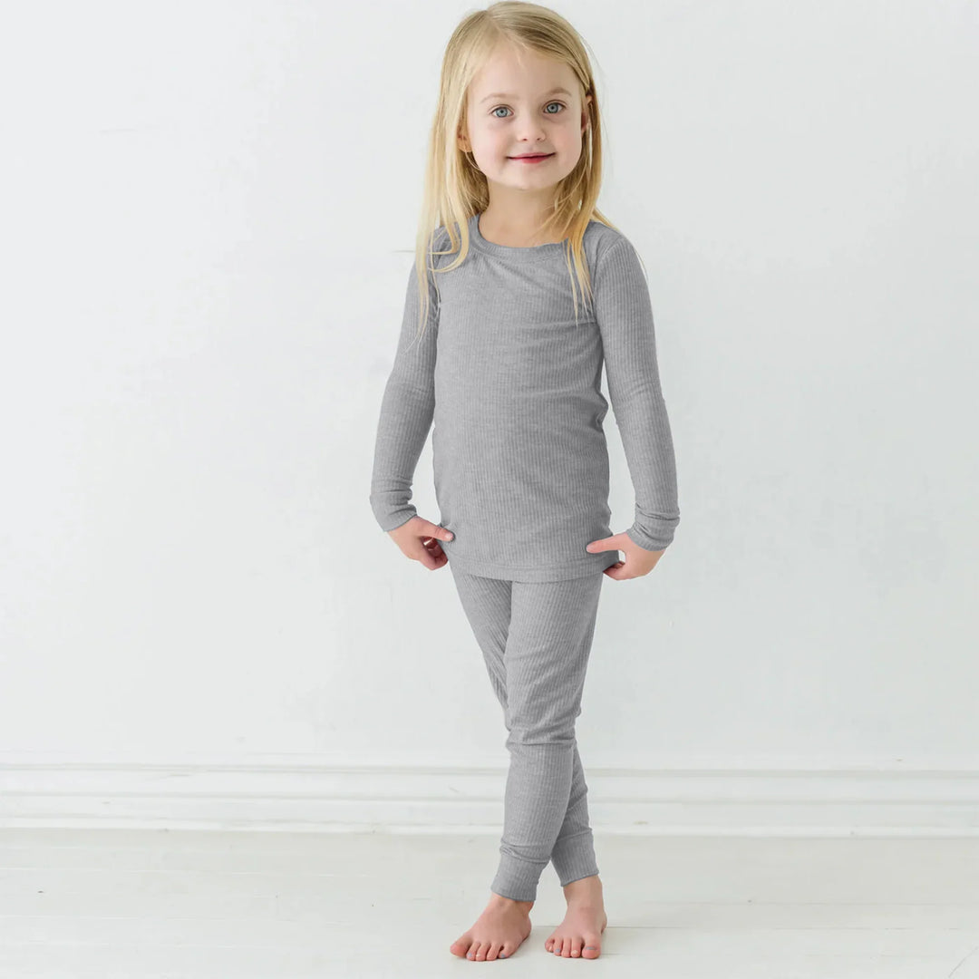 Moon Grey Ribbed Two Piece Long Sleeve Pajama Set , Moon Grey Ribbed Two Piece Long Sleeve Pajama Set - 12-18M