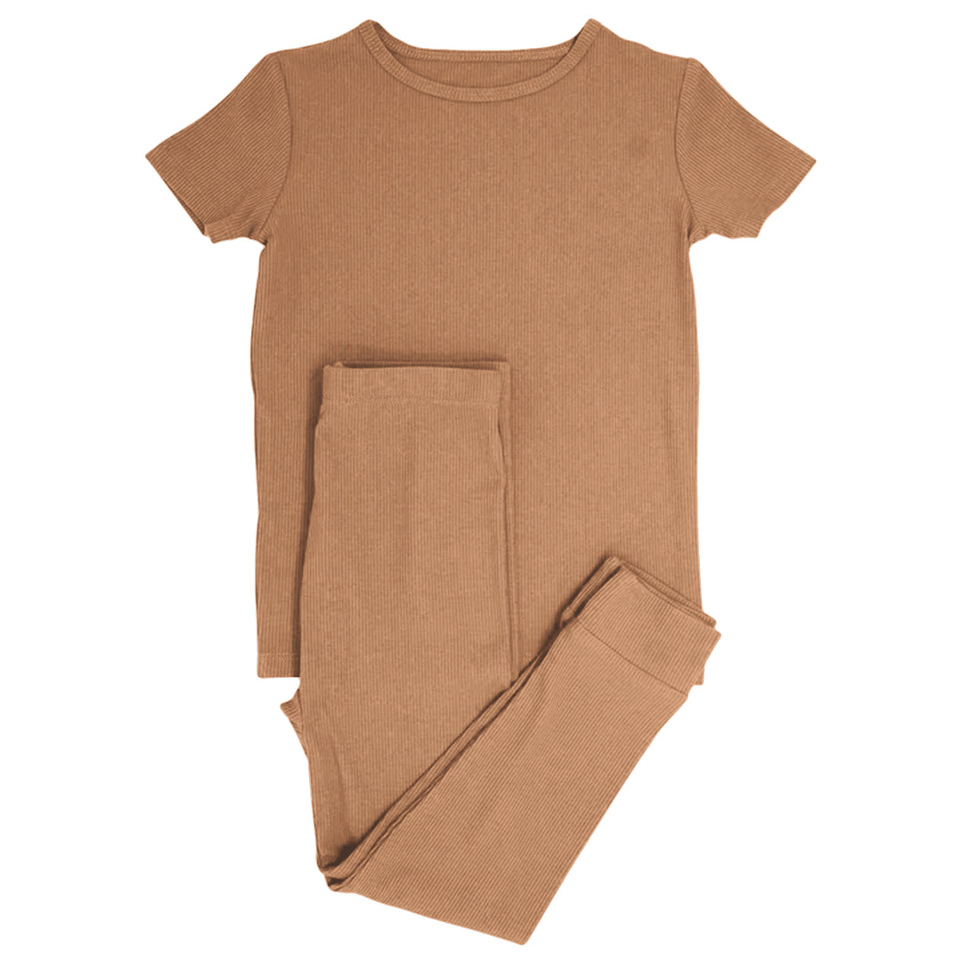 Caramel Ribbed Two Piece Short Sleeve Pajama Set