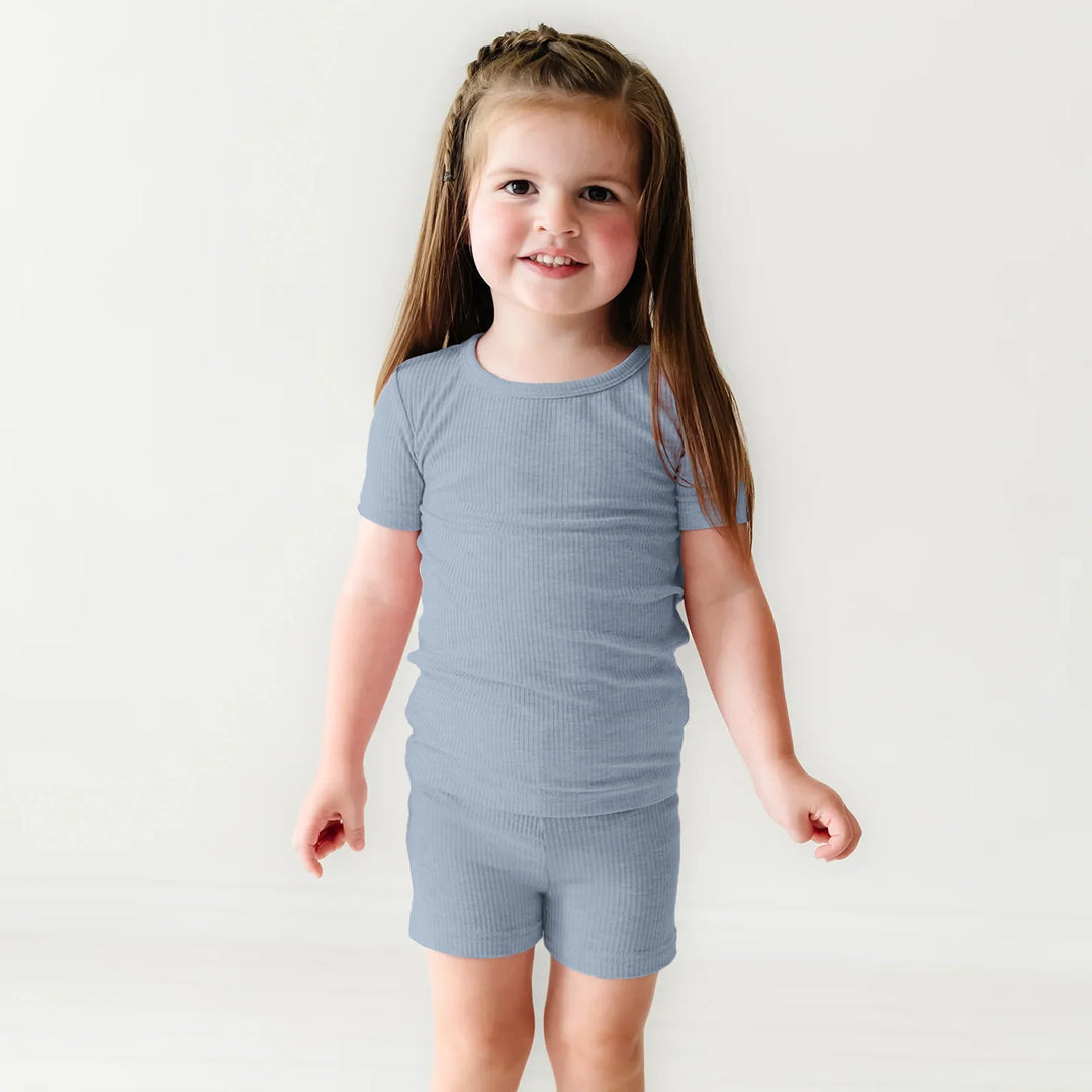 Misty Blue Ribbed Two Piece Short Sleeve Shorts Pajama Set , Misty Blue Ribbed Two Piece Short Sleeve Shorts Pajama Set - 12-18M