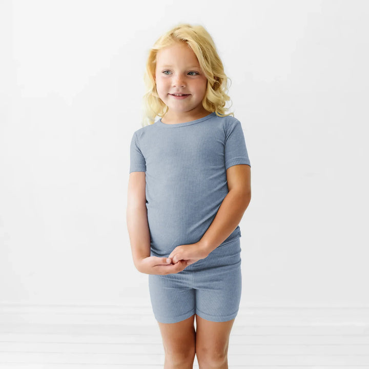 Misty Blue Ribbed Two Piece Short Sleeve Shorts Pajama Set , Misty Blue Ribbed Two Piece Short Sleeve Shorts Pajama Set - 12-18M